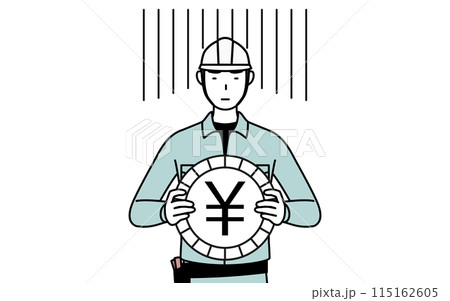 為替差損や円安のイメージ、ヘルメットと作業着姿の男性 為替差損や円安のイメージ、ヘルメットと作業着姿の男性 115162605