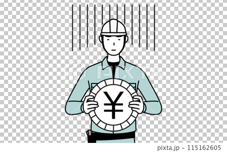 為替差損や円安のイメージ、ヘルメットと作業着姿の男性 為替差損や円安のイメージ、ヘルメットと作業着姿の男性 115162605