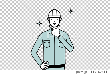 自信家のポーズを取るヘルメットと作業着姿の男性 115162611
