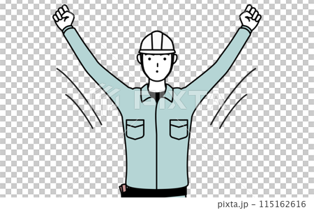 一個戴著頭盔、穿著工作服的男子在做廣播體操 一個戴著頭盔、穿著工作服的男子在做廣播體操 115162616