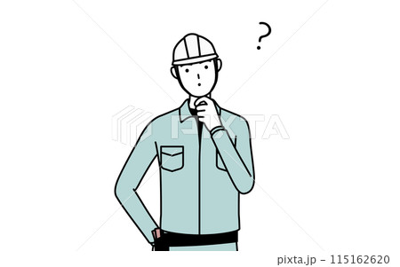 疑問を持って首をかしげるヘルメットと作業着姿の男性 疑問を持って首をかしげるヘルメットと作業着姿の男性 115162620