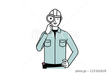 虫メガネをのぞくヘルメットと作業着姿の男性 虫メガネをのぞくヘルメットと作業着姿の男性 115162626