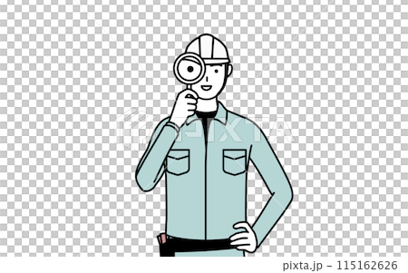 虫メガネをのぞくヘルメットと作業着姿の男性 虫メガネをのぞくヘルメットと作業着姿の男性 115162626