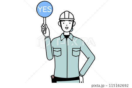 正解を示すマルの棒を持つヘルメットと作業着姿の女性技師 115162692