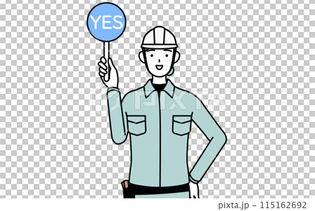 正解を示すマルの棒を持つヘルメットと作業着姿の女性技師 115162692