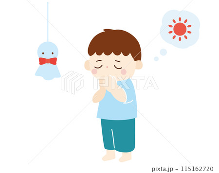 てるてる坊主に晴れるようにお願いする少年のイラスト、カラー てるてる坊主に晴れるようにお願いする少年のイラスト、カラー 115162720