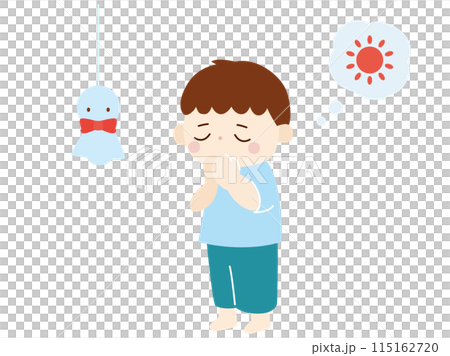 てるてる坊主に晴れるようにお願いする少年のイラスト、カラー てるてる坊主に晴れるようにお願いする少年のイラスト、カラー 115162720