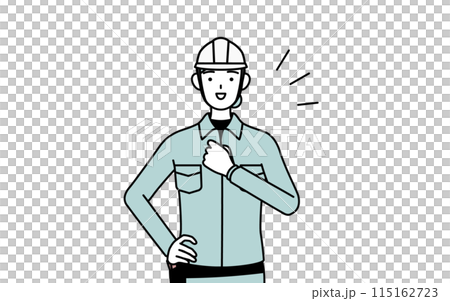A female engineer in a helmet and work clothes beating her chest 115162723
