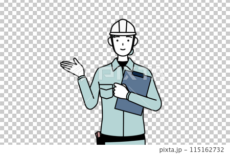 A female engineer in a helmet and work clothes spreading her hands while holding a clipboard 115162732