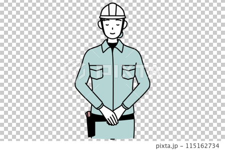 A female engineer in a helmet and work clothes bowing with folded hands 115162734