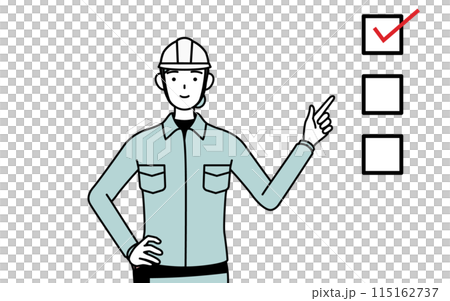 A female engineer in a helmet and work clothes pointing at a checklist A female engineer in a helmet and work clothes pointing at a checklist 115162737