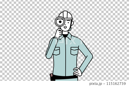 A female engineer in a helmet and work clothes looking through a magnifying glass A female engineer in a helmet and work clothes looking through a magnifying glass 115162739