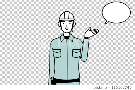 A female engineer in a helmet and work clothes giving instructions with a speech bubble 115162740