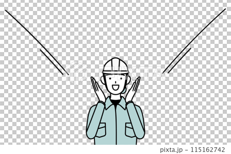 A female engineer wearing a helmet and work clothes calls out to customers with her hand over her mouth 115162742
