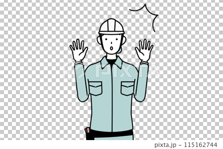 驚いて手を上げるヘルメットと作業着姿の女性技師 115162744