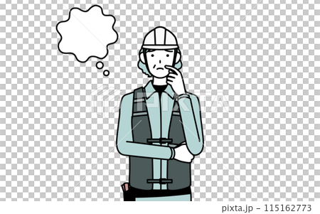顔をかきながら考えるヘルメットと作業着姿のシニア女性技師 115162773