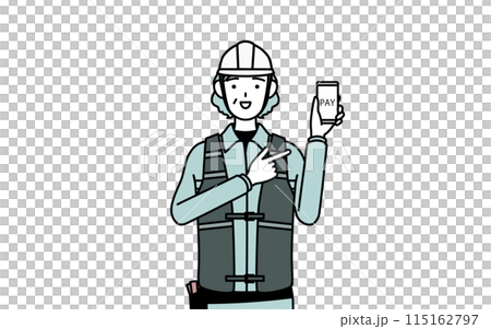 スマホのキャッシュレス・オンライン決済を勧めるヘルメットと作業着姿のシニア女性技師 スマホのキャッシュレス・オンライン決済を勧めるヘルメットと作業着姿のシニア女性技師 115162797