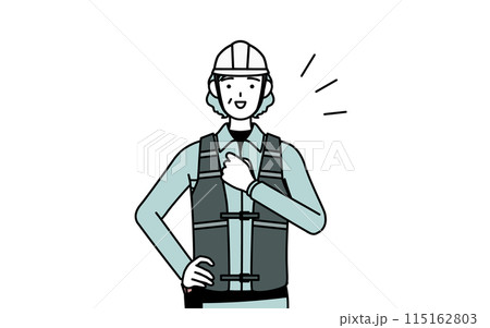 胸を叩くヘルメットと作業着姿のシニア女性技師 胸を叩くヘルメットと作業着姿のシニア女性技師 115162803