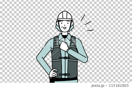 胸を叩くヘルメットと作業着姿のシニア女性技師 胸を叩くヘルメットと作業着姿のシニア女性技師 115162803