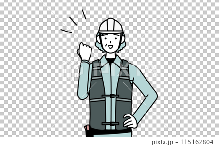ガッツポーズをするヘルメットと作業着姿のシニア女性技師 ガッツポーズをするヘルメットと作業着姿のシニア女性技師 115162804