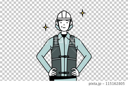 両手を腰に当てたヘルメットと作業着姿のシニア女性技師 115162805