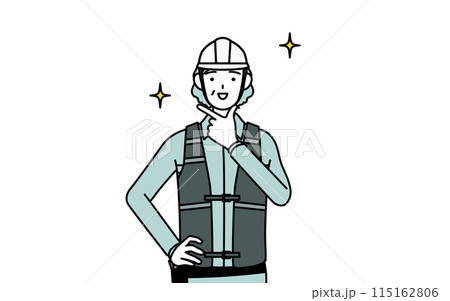 自信家のポーズを取るヘルメットと作業着姿のシニア女性技師 自信家のポーズを取るヘルメットと作業着姿のシニア女性技師 115162806