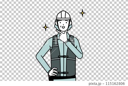 自信家のポーズを取るヘルメットと作業着姿のシニア女性技師 自信家のポーズを取るヘルメットと作業着姿のシニア女性技師 115162806