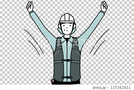 一位戴著頭盔和工作服的高級女工程師做廣播體操 115162811