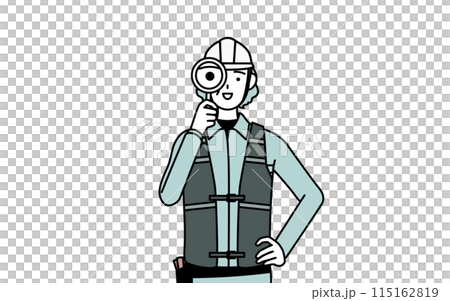 虫メガネをのぞくヘルメットと作業着姿のシニア女性技師 虫メガネをのぞくヘルメットと作業着姿のシニア女性技師 115162819