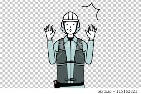 一位戴著頭盔和工作服的高級女工程師驚訝地舉起手 115162823