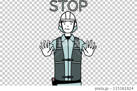 A senior female engineer in a helmet and work clothes sticking her hand out in front of her body to signal a stop A senior female engineer in a helmet and work clothes sticking her hand out in front of her body to signal a stop 115162824