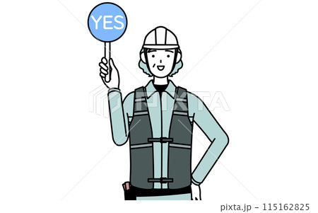 正解を示すマルの棒を持つヘルメットと作業着姿のシニア女性技師 正解を示すマルの棒を持つヘルメットと作業着姿のシニア女性技師 115162825