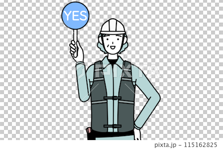 一位戴著頭盔和工作服的高級女工程師拿著一根圓棒,顯示正確答案 一位戴著頭盔和工作服的高級女工程師拿著一根圓棒,顯示正確答案 115162825