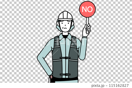不正解を示す×の棒を持つヘルメットと作業着姿のシニア女性技師 不正解を示す×の棒を持つヘルメットと作業着姿のシニア女性技師 115162827