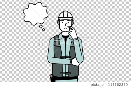 顔をかきながら考えるヘルメットと作業着姿のシニア男性技師 115162830
