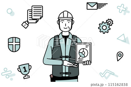 DXのイメージ、デジタル技術を利用して業務改善を行うヘルメットと作業着姿のシニア男性技師 115162838