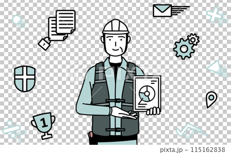 DX 的形象，一位戴著頭盔、穿著工作服的高級男性工程師，利用數位技術改善業務運營 115162838