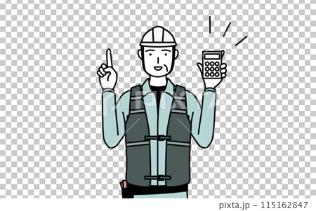 一位戴著頭盔和工作服的資深男性工程師用計算機指著 一位戴著頭盔和工作服的資深男性工程師用計算機指著 115162847