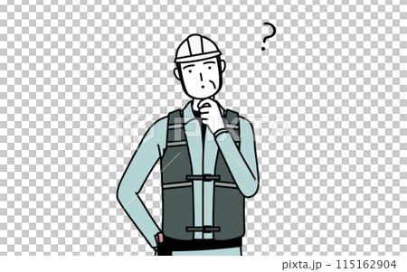 A senior male engineer in a helmet and work clothes tilting his head in doubt A senior male engineer in a helmet and work clothes tilting his head in doubt 115162904