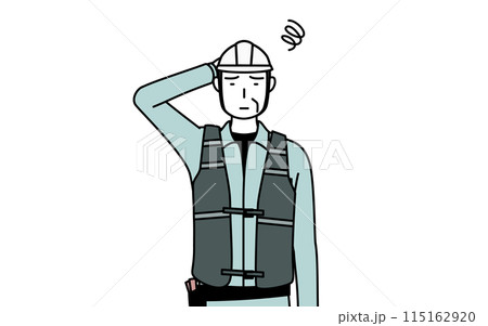 困って頭をかくヘルメットと作業着姿のシニア男性技師 困って頭をかくヘルメットと作業着姿のシニア男性技師 115162920