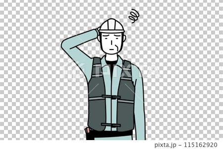 困って頭をかくヘルメットと作業着姿のシニア男性技師 困って頭をかくヘルメットと作業着姿のシニア男性技師 115162920