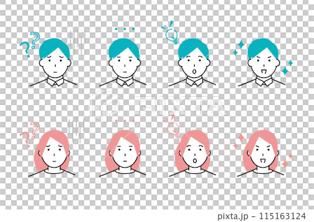 疑問から問題解決をする男性と女性の表情のアイコンセット 115163124