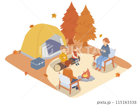 秋のキャンプ場で焚火を囲む家族のイラスト 115163338