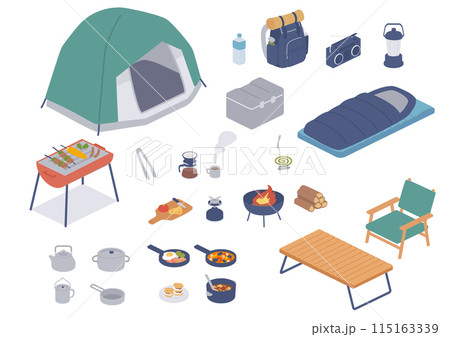 キャンプ道具のアイソメトリックイラストセット 115163339