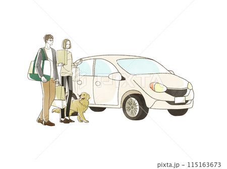 車で買い物にきている男女と犬 115163673
