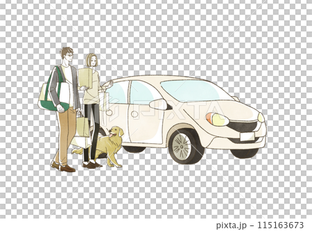 車で買い物にきている男女と犬 115163673