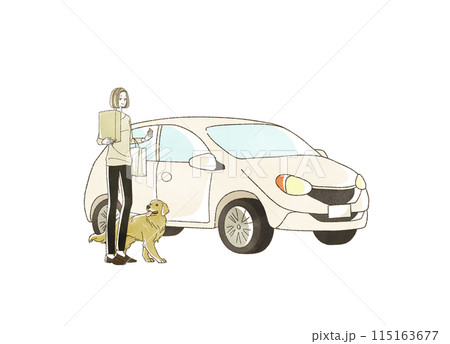 車で買い物にきている女性と犬 車で買い物にきている女性と犬 115163677
