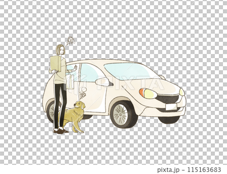 A woman with a troubled expression and her dog are shopping in a car A woman with a troubled expression and her dog are shopping in a car 115163683