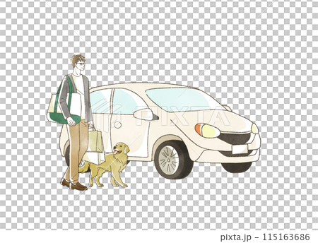 A man and a dog shopping in a car 115163686