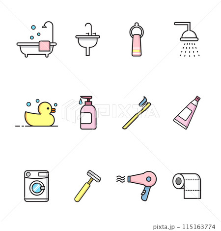 vector set of cute cartoon of bathroom supplies isolated on white background vector set of cute cartoon of bathroom supplies isolated on white background 115163774